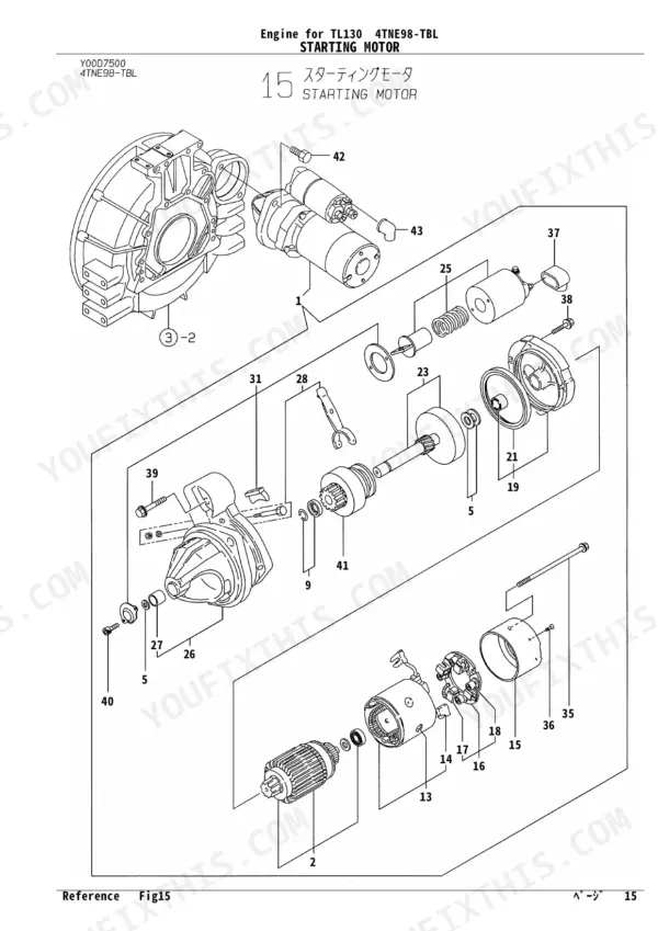 Yanmar 4TNE98-TBL exploded view diagram of the starting motor assembly and components.