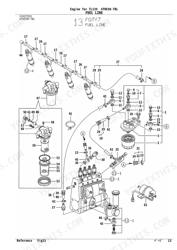 Yanmar 4TNE98-TBL exploded view diagram of the fuel line system including injectors and filter.