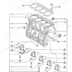 Yanmar 4TNE98-TBW, 4TNV98-XTBW, TB175W exploded view diagram of the engine cylinder block and main bearing assembly.