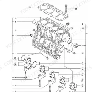 Yanmar 4TNE98-TBW, 4TNV98-XTBW, TB175W exploded view diagram of the engine cylinder block and main bearing assembly.
