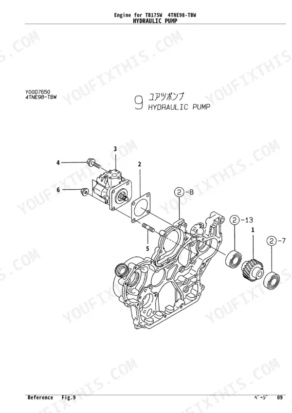 Yanmar 4TNE98-TBW, 4TNV98-XTBW, TB175W exploded view diagram of the hydraulic pump assembly and gear housing components.