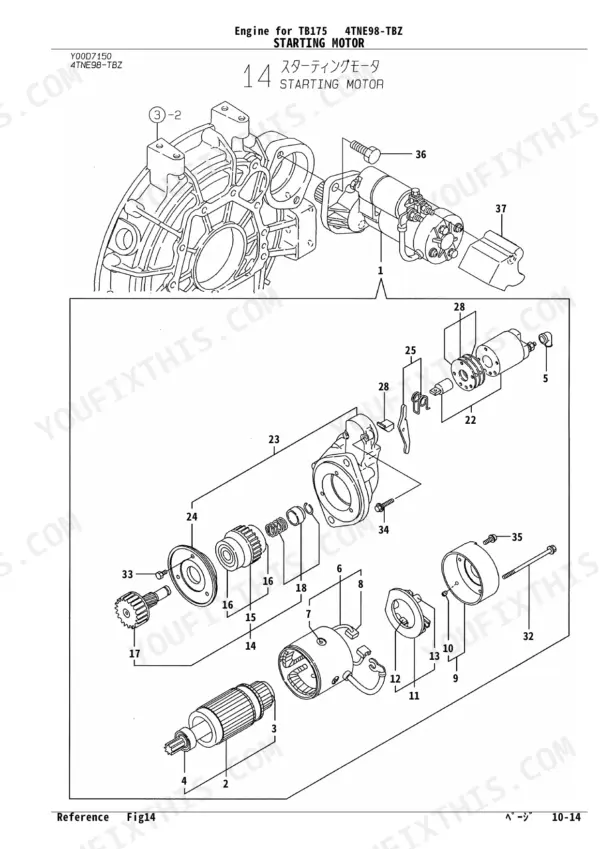 Yanmar 4TNE98-TBZ, 4TNV98-VTBZ, TB175 exploded view diagram of the starting motor assembly and internal components.