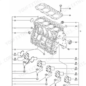 Yanmar 4TNE98-TBZ, 4TNV98-VTBZ, TB175 exploded view diagram of the engine cylinder block and main bearing assembly.