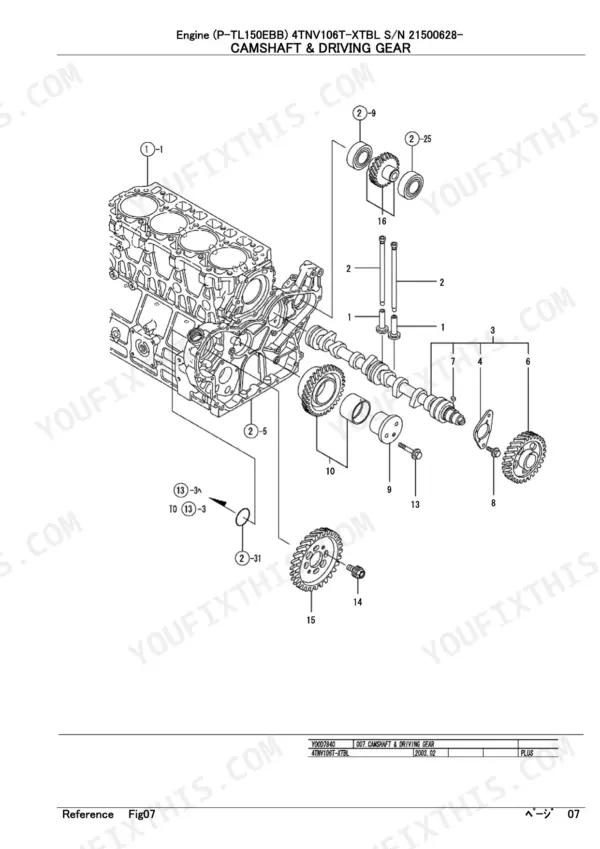 Yanmar 4TNV106T-XTBL, P-TL150EBB exploded view diagram of the engine camshaft and driving gear assembly components.