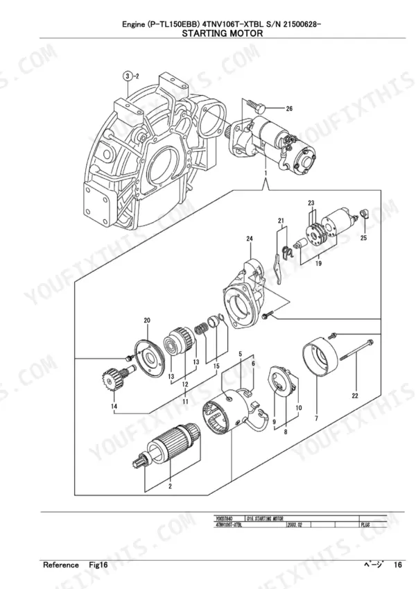 Yanmar 4TNV106T-XTBL, P-TL150EBB exploded view diagram of the starting motor assembly and internal components.
