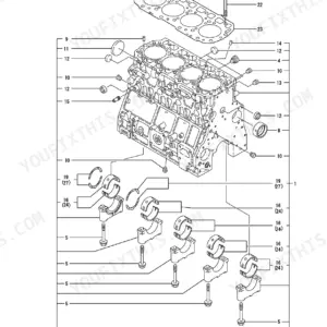 Yanmar 4TNV106T-XTBL, P-TL150EBB exploded view diagram of the cylinder block, main bearings, and head gasket components.