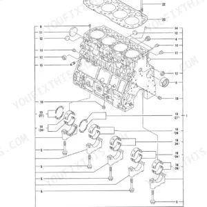 Yanmar 4TNV106T-XTBL1, P-TL150ECB, 4TNV106T-XTBL1 (for high flow) exploded view of the engine cylinder block assembly.