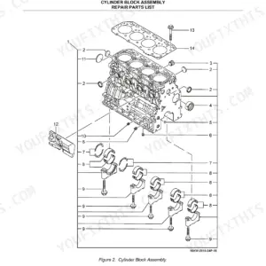 Yanmar 4TNV84T-DFM, 4TNV84T-DEM, YANMAR DIESEL ENGINE 4TNV84T-DFM exploded view of cylinder block assembly and bearings.