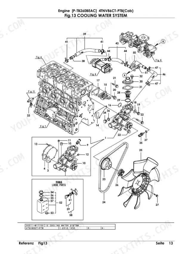 Yanmar 4TNV86CT-PTB, P-TB260BEAC, 4JH-DT, 4JH-DTZ, 4JH-DTZA, 4JH-DTZY, 4JH-DTZP exploded view of cooling water system parts.