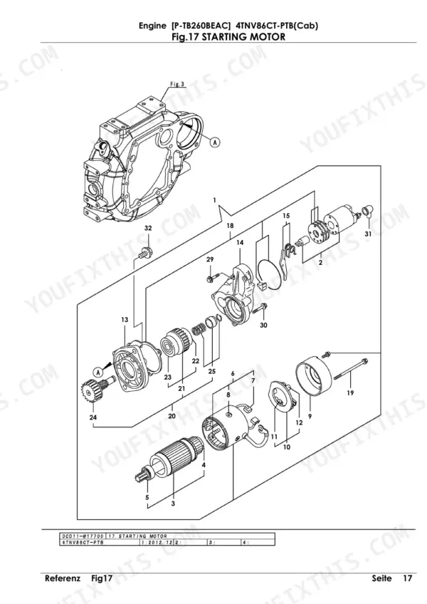 Yanmar 4TNV86CT-PTB, P-TB260BEAC, 4JH-DT, 4JH-DTZ, 4JH-DTZA, 4JH-DTZY, 4JH-DTZP exploded view of starting motor components.