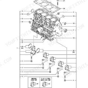 Yanmar 4TNV86CT-PTB, P-TB260BEAC, 4JH-DT, 4JH-DTZ, 4JH-DTZA, 4JH-DTZY, 4JH-DTZP exploded view of cylinder block components.