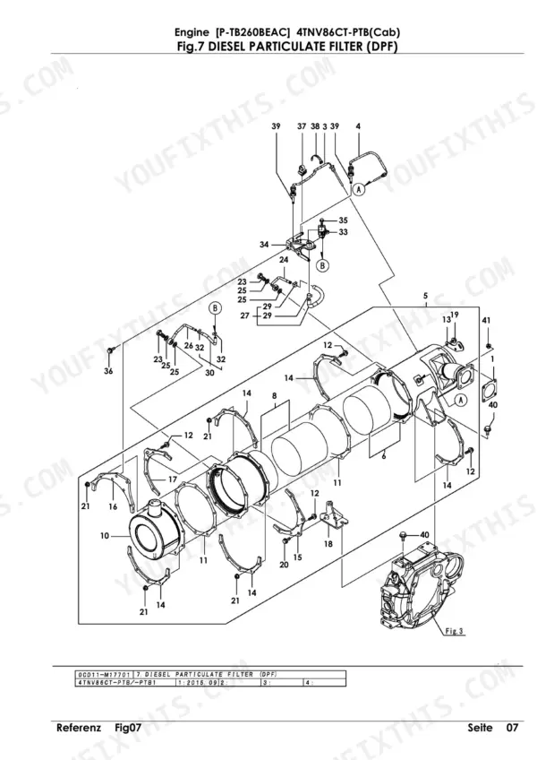 Yanmar 4TNV86CT-PTB, P-TB260BEAC, 4JH-DT, 4JH-DTZ, 4JH-DTZA, 4JH-DTZY, 4JH-DTZP exploded view of Diesel Particulate Filter DPF