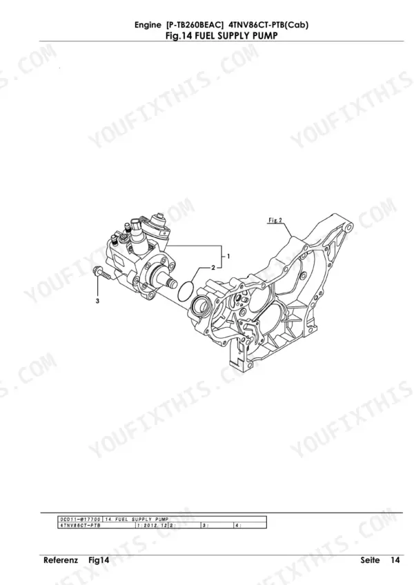 Yanmar 4TNV86CT-PTB, P-TB260BEAC, 4JH-DT, 4JH-DTZ, 4JH-DTZA, 4JH-DTZY, 4JH-DTZP exploded view of fuel supply pump assembly.