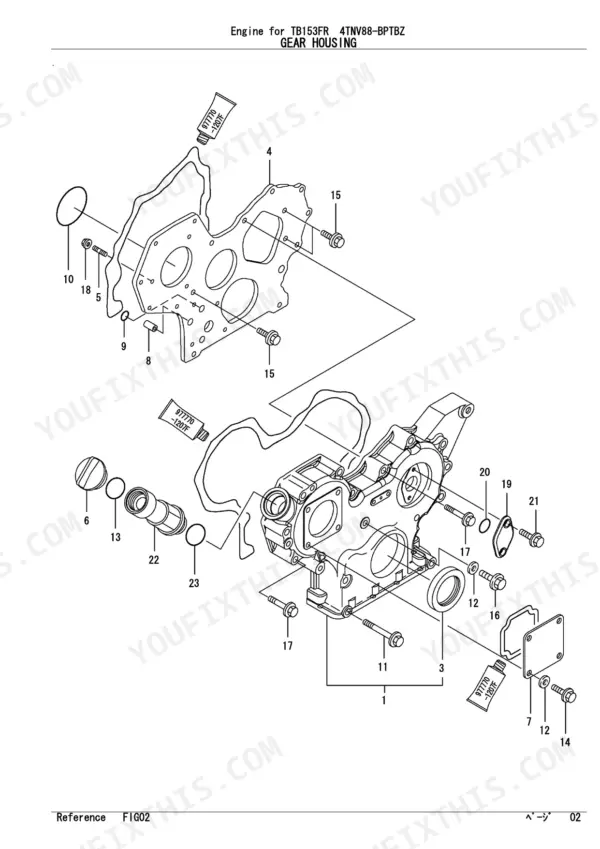Yanmar 4TNV88-BPTBZ, TB153FR exploded view diagram of the engine gear housing and related components.