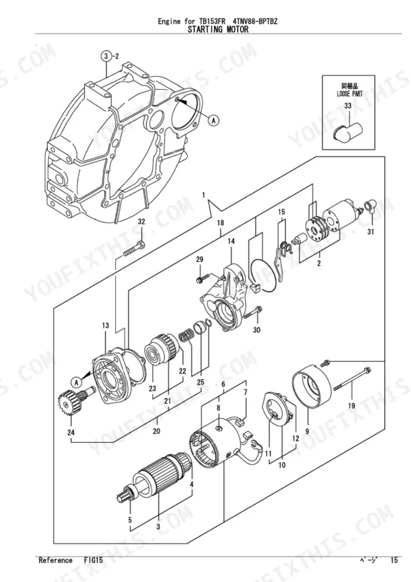 Yanmar 4TNV88-BPTBZ, TB153FR exploded view diagram of the starting motor assembly and housing components.