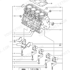 Yanmar 4TNV88-BPTBZ, TB153FR cylinder block exploded view showing main bearings, caps, and bolts.