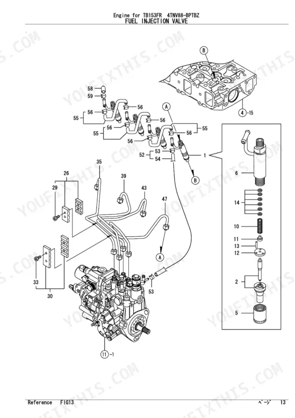Yanmar 4TNV88-BPTBZ, TB153FR exploded view diagram of fuel injection valve, lines, and nozzle components.