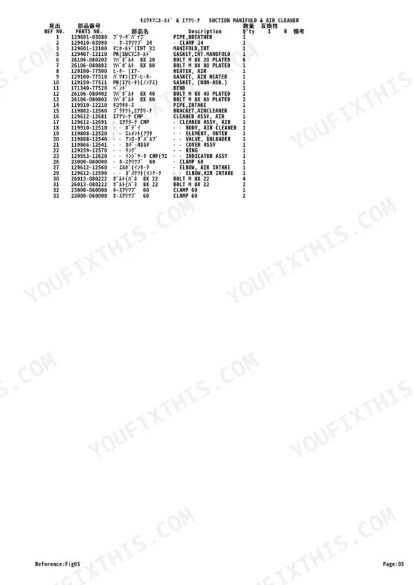 Yanmar 4TNV88-PTBZ1 parts list for suction manifold and air cleaner.