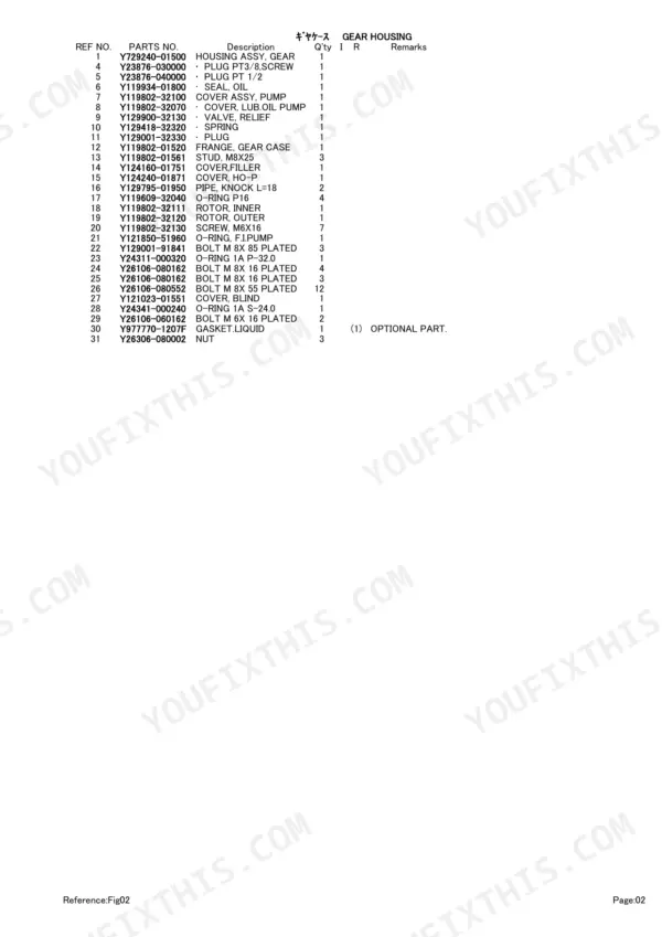Yanmar 4TNV88-QTBC, TB145 parts list for gear housing, including oil pump covers, rotors, seals, and hardware.