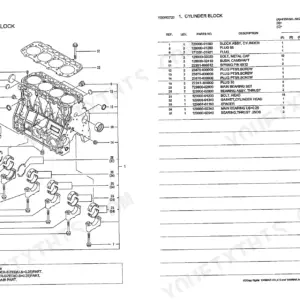 Yanmar 4TNV94L-NHZ, 4JH-DT, 4JH-DTZA, 4JH-DTZ, 4JH-DTZY cylinder block exploded view diagram and parts list table.