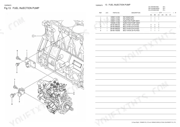 Yanmar 4TNV98-GGE, 4TNV98-NSA, 4TNV98-NSA2, 4TNV98T-GGE, 4TNV98T-NSA exploded view diagram and parts list for fuel injection pump.