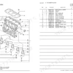 Yanmar 4TNV98-GGE, 4TNV98-NSA, 4TNV98-NSA2, 4TNV98T-GGE, 4TNV98T-NSA cylinder block exploded view diagram and parts list.