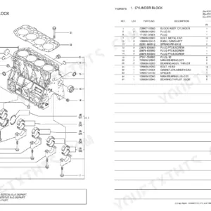 Yanmar 4TNV98-GGE, 4TNV98-NSA, 4TNV98-NSA2, 4TNV98T-GGE, 4TNV98T-NSA cylinder block exploded view diagram and parts list.