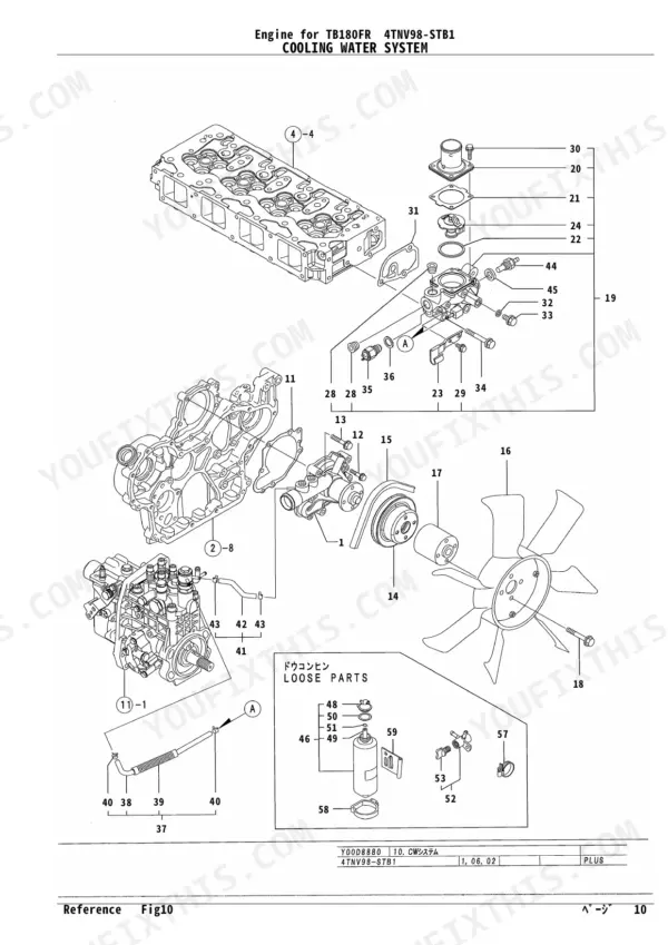 Yanmar 4TNV98-STB1, TB180FR exploded view of cooling water system components, including thermostat, water pump, and fan.