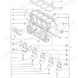 Yanmar 4TNV98-STB1, TB180FR exploded view diagram of the cylinder block, main bearings, and head gasket components.
