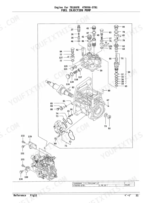 Yanmar 4TNV98-STB1, TB180FR exploded view diagram of the fuel injection pump assembly with numbered components.