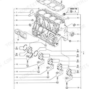 Yanmar 4TNV98-VTBZ exploded view diagram of the cylinder block, main bearings, and head gasket.
