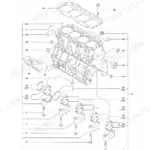 Yanmar 4TNV98-VTBZC, TB175C exploded view diagram of the engine cylinder block, main bearings, and head gasket.