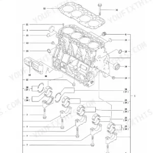 Yanmar 4TNV98-VTBZC, TB175C exploded view diagram of the engine cylinder block, main bearings, and head gasket.