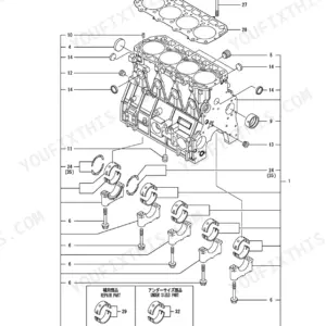 Yanmar 4TNV98-ZNTBL, TL230, P-TL230EAC exploded view diagram of the engine cylinder block, main bearings, and head gasket.