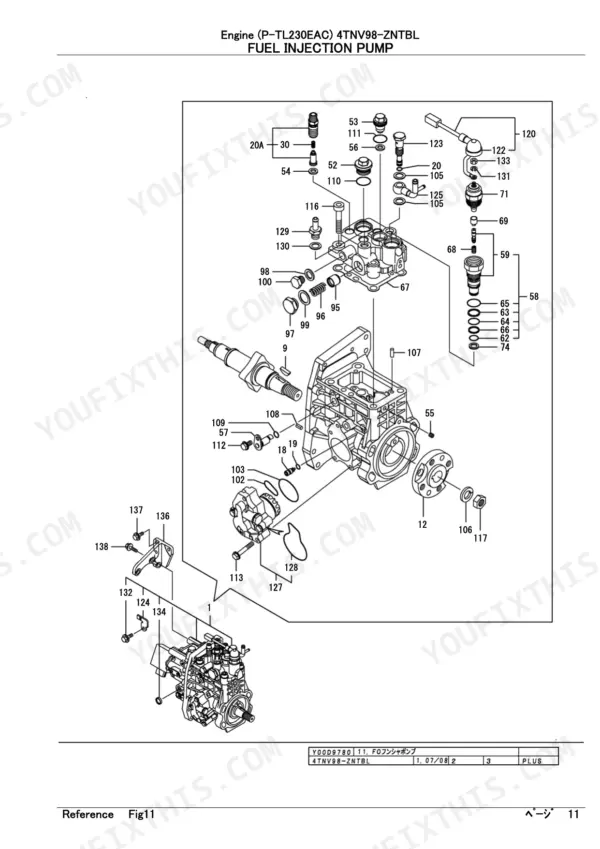 Yanmar 4TNV98-ZNTBL, TL230, P-TL230EAC fuel injection pump exploded view diagram with numbered components.