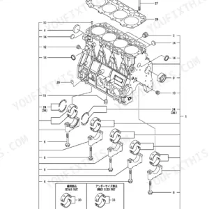 Yanmar 4TNV98-ZQTB, P-TB175ECD exploded view of cylinder block, main bearings, and head gasket components.