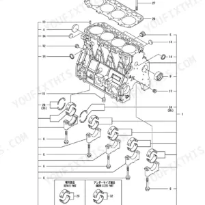 Yanmar 4TNV98-ZQTBZ, TB180FR exploded view diagram of the engine cylinder block, main bearings, and head gasket.