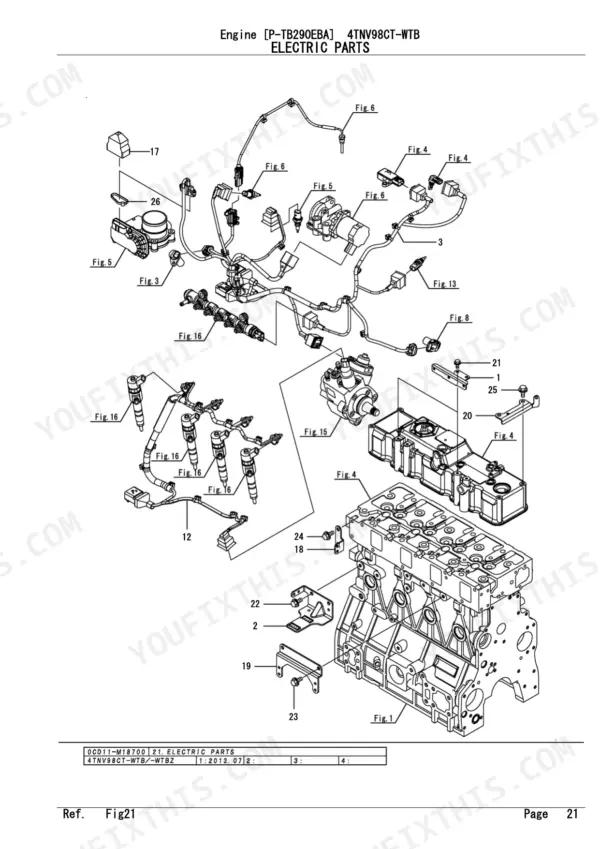 Yanmar 4TNV98CT-WTB, P-TB290EBA electric parts exploded view showing engine wiring harness, sensors, and fuel injectors.