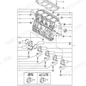 Yanmar 4TNV98CT-WTB, P-TB290EBA exploded view of the cylinder block, main bearings, and head gasket components.