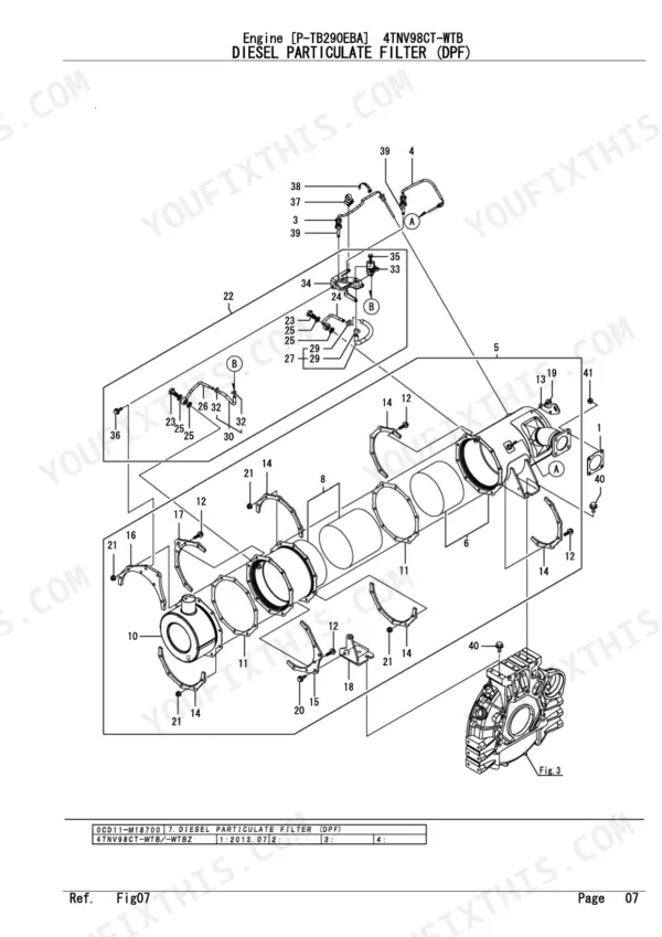 Yanmar 4TNV98CT-WTB, P-TB290EBA exploded view diagram of the Diesel Particulate Filter (DPF) assembly and components.