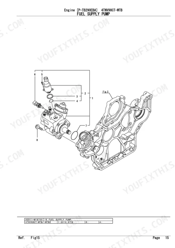 Yanmar 4TNV98CT-WTB, P-TB290EBA exploded view diagram of the fuel supply pump assembly and mounting components.