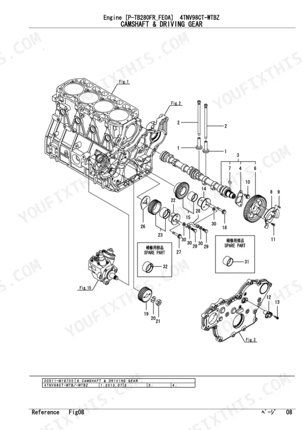 Yanmar 4TNV98CT-WTBZ exploded view of camshaft and driving gear assembly