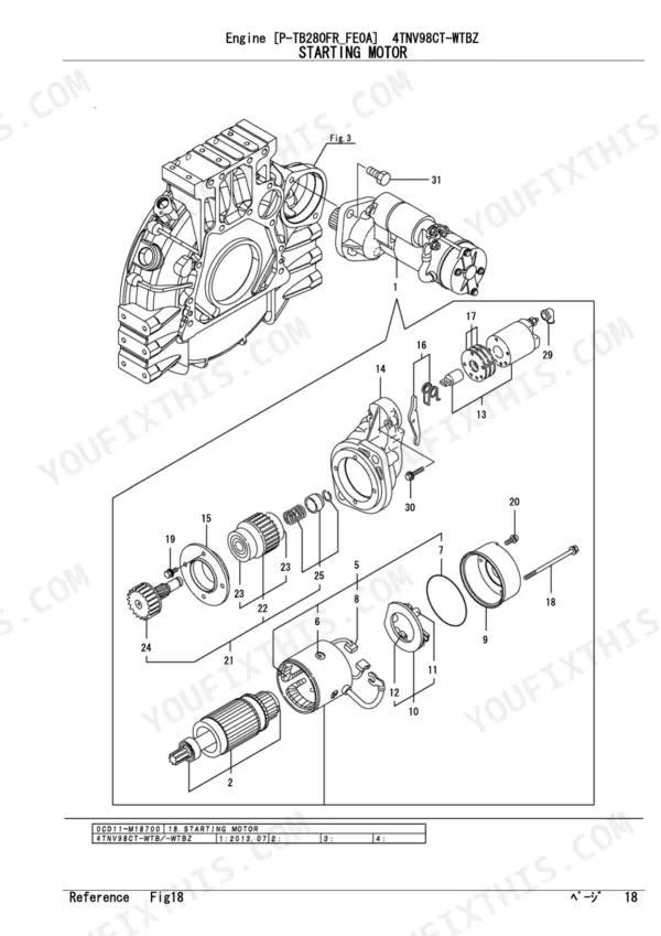 Yanmar 4TNV98CT-WTBZ exploded view of starter motor