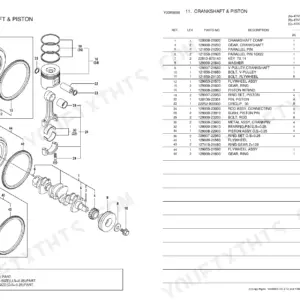 Yanmar 4TNV98T-GGE, 4TNV98T-NSA, 4TNV98T-NSA2 crankshaft and piston exploded view diagram and parts list table.