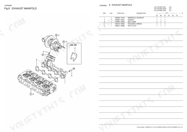 Yanmar 4TNV98T-GGE, 4TNV98T-NSA, 4TNV98T-NSA2 exhaust manifold exploded view diagram and parts list table.