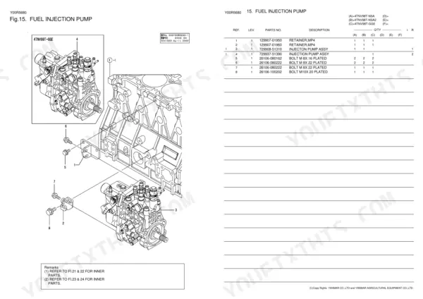 Yanmar 4TNV98T-GGE, 4TNV98T-NSA, 4TNV98T-NSA2 fuel injection pump exploded view diagram and parts list table.