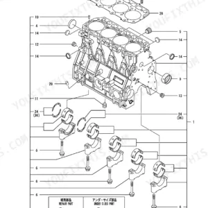 Yanmar 4TNV98T-ZSTBW, P-T175WECF exploded view of cylinder block, main bearings, and head gasket components.