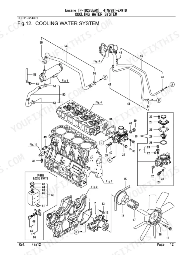Yanmar 4TNV98T-ZXWTB, P-TB285EAC exploded view diagram of the engine cooling water system components.