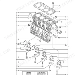 Yanmar 4TNV98T-ZXWTB, P-TB285EAC exploded view diagram of the engine cylinder block, main bearings, and head gasket.