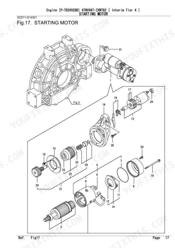 Yanmar 4TNV98T-ZXWTB2 exploded view diagram of the starting motor assembly and internal components.